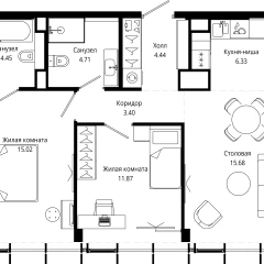 Планировка 2-комнатной квартиры 66.9 м² в ЖК MOD (Мод)