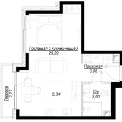 Планировка студии 33.9 м² в ЖК Hide (Хайд)