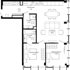 Планировка 2-комнатной квартиры 68.8 м² в ЖК MOD (Мод)