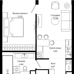 Планировка 1-комнатной квартиры 44 м² в ЖК MOD (Мод)