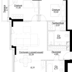 Планировка 2-комнатной квартиры 70.1 м² в ЖК Hide (Хайд)