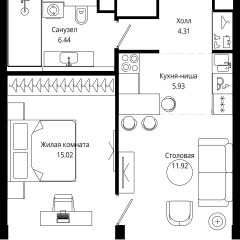 Планировка 1-комнатной квартиры 43.8 м² в ЖК MOD (Мод)
