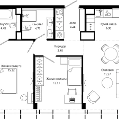 Планировка 2-комнатной квартиры 66.8 м² в ЖК MOD (Мод)