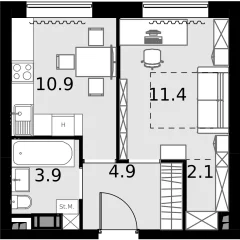 Планировка 1-комнатной квартиры 33.1 м² в ЖК Дом MALEVICH (Малевич)