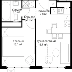 Планировка 1-комнатной квартиры 36.6 м² в ЖК У реки Эко Видное 2.0