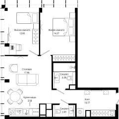 Планировка 2-комнатной квартиры 66 м² в ЖК MOD (Мод)