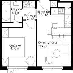 Планировка 1-комнатной квартиры 36.3 м² в ЖК У реки Эко Видное 2.0