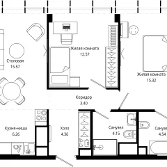 Планировка 2-комнатной квартиры 66.2 м² в ЖК MOD (Мод)