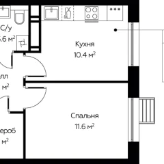 Планировка 1-комнатной квартиры 33.4 м² в ЖК Эко Бунино