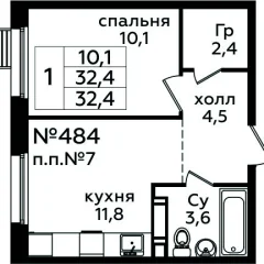1 комн. кв., 32.4 м<sup>2</sup>, 13/16 этаж