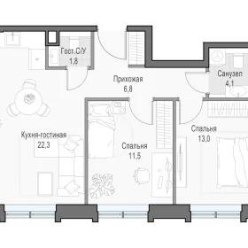 Планировка 2S-комн. кв.