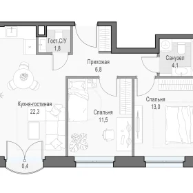 Планировка 2S-комн. кв.