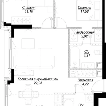 Планировка 2-комнатной квартиры 69.9 м² в ЖК Hide (Хайд)