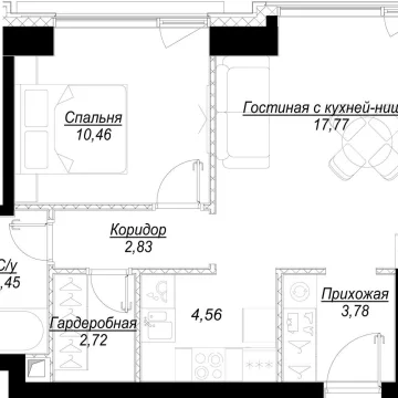 Планировка 1-комнатной квартиры 46.6 м² в ЖК Hide (Хайд)