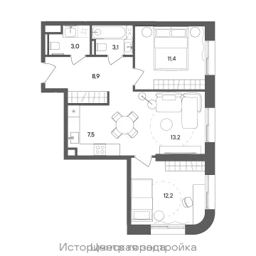Планировка 2-комнатной квартиры 59.3 м² в ЖК "СТОУН Сокольники"