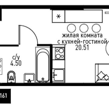 Планировка Студи-комнатной квартиры 29.56 м² в ЖК Инноватор