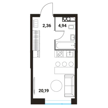 Планировка Студи-комнатной квартиры 27.49 м² в ЖК Инноватор