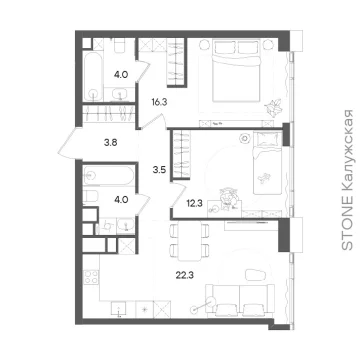 Планировка 2-комнатной квартиры 66.2 м² в ЖК «СТОУН Грэйн»
