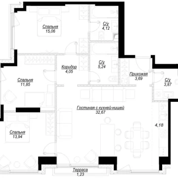 Планировка 3-комнатной квартиры 99 м² в ЖК Hide (Хайд)