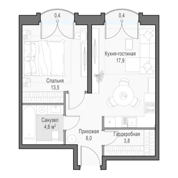 Планировка 1XL-комнатной квартиры 46.89 м² в Дом Достижение