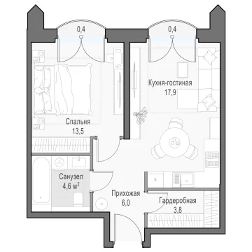 Планировка 1XL-комнатной квартиры 46.89 м² в Дом Достижение