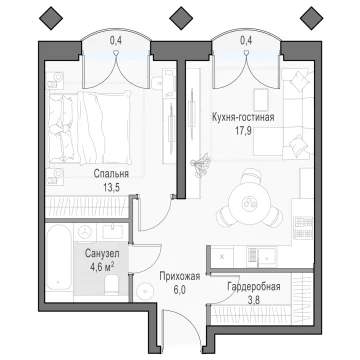 Планировка 1XL-комнатной квартиры 46.89 м² в Дом Достижение