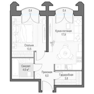 Планировка 1XL-комнатной квартиры 46.89 м² в Дом Достижение