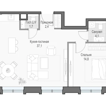 Планировка 2S-комнатной квартиры 59.52 м² в Дом Достижение