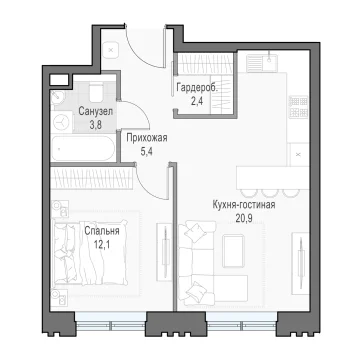 Планировка 1L-комнатной квартиры 44.44 м² в Дом Достижение