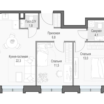 Планировка 2S-комнатной квартиры 59.62 м² в Дом Достижение