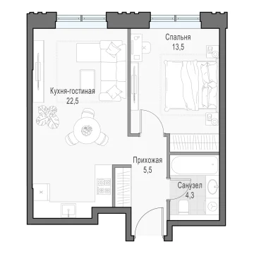 Планировка 1L-комнатной квартиры 45.55 м² в Дом Достижение