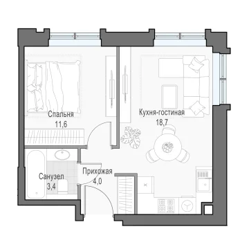 Планировка 1M-комнатной квартиры 37.83 м² в Дом Достижение