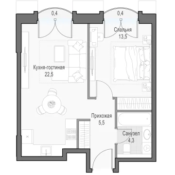Планировка 1L-комнатной квартиры 46.57 м² в Дом Достижение