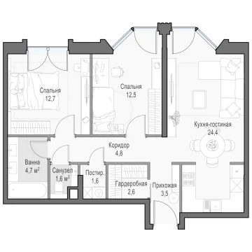 Планировка 2L-комнатной квартиры 69.14 м² в Дом Достижение