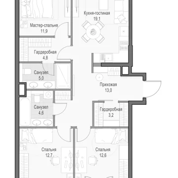 Планировка 3M-комнатной квартиры 88.85 м² в Дом Достижение