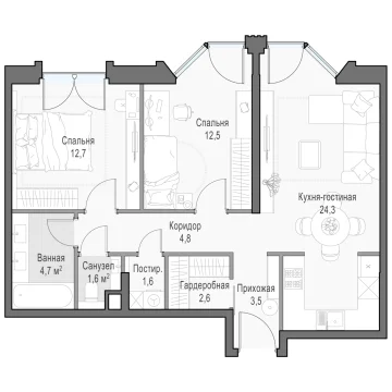 Планировка 2L-комнатной квартиры 69.14 м² в Дом Достижение