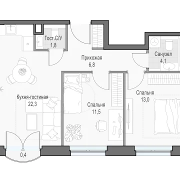 Планировка 2S-комнатной квартиры 60.13 м² в Дом Достижение