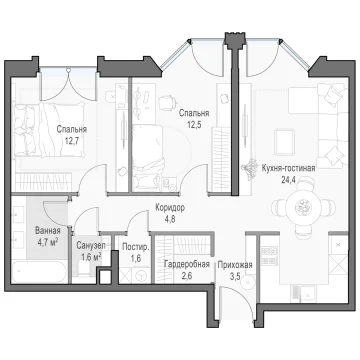 Планировка 2L-комнатной квартиры 69.14 м² в Дом Достижение