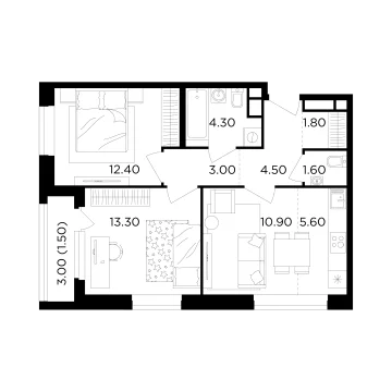 Планировка 2-комнатной квартиры 58.9 м² в ЖК Филатов Луг