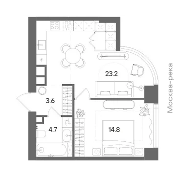 Планировка 1-комнатной квартиры 46.3 м² в ЖК СТОУН Блик