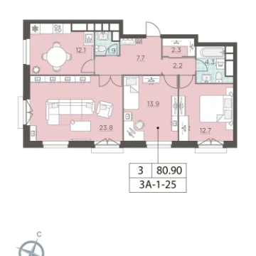Планировка 3-комнатной квартиры 81 м² в ЖК ЛЕНИНГРАDКА 58
