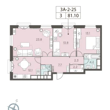 Планировка 3-комнатной квартиры 81.4 м² в ЖК ЛЕНИНГРАDКА 58