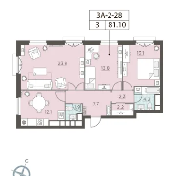 Планировка 3-комнатной квартиры 81.2 м² в ЖК ЛЕНИНГРАDКА 58