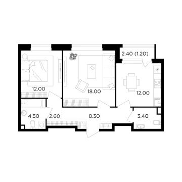 Планировка 2-комнатной квартиры 62 м² в ЖК Филатов Луг