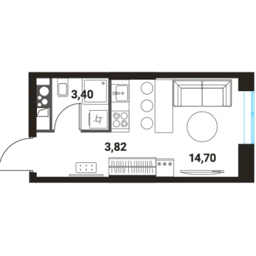 Планировка Студи-комнатной квартиры 22.49 м² в ЖК Инноватор