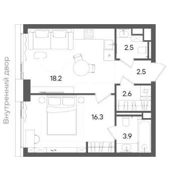 Планировка 1-комнатной квартиры 47.1 м² в ЖК «СТОУН Грэйн»