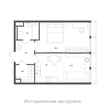Планировка 1-комнатной квартиры 49.5 м² в ЖК "СТОУН Сокольники"