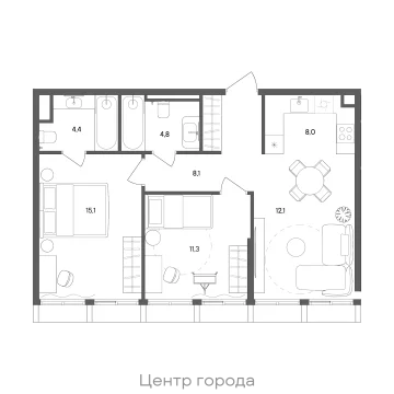 Планировка 2-комнатной квартиры 63.8 м² в ЖК "СТОУН Сокольники"