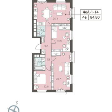 Планировка 3-комнатной квартиры 84.8 м² в ЖК ЛЕНИНГРАDКА 58