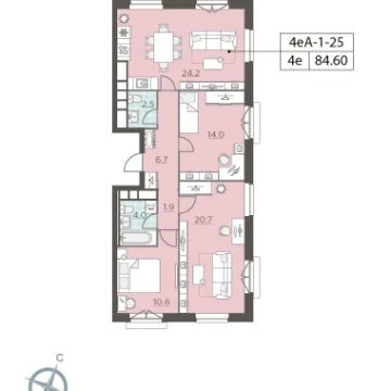 Планировка 3-комнатной квартиры 84.6 м² в ЖК ЛЕНИНГРАDКА 58